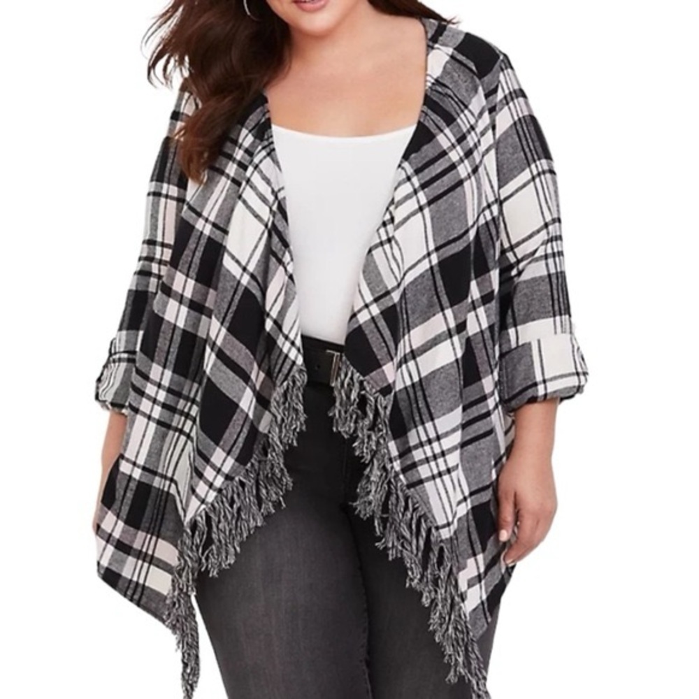 Torrid Black and White Plaid Fringe Poncho